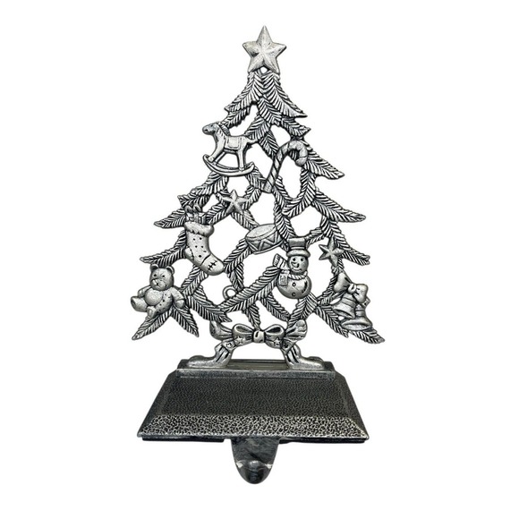 The Unbranded Brand Other - Pewter Metal Christmas Tree‎ Fireplace Mantle Shelf Stocking Holder Hanger